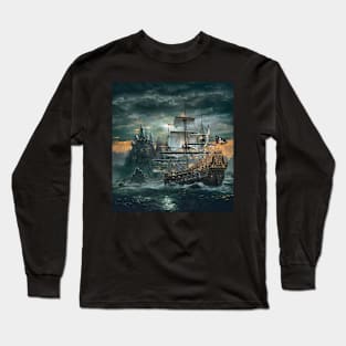 Ghost Ship night - digital drawing - color Long Sleeve T-Shirt